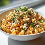 A vibrant close-up of Mexican Street Corn Salad mixed with creamy sauce, topped generously with cotija cheese and fresh cilantro.
