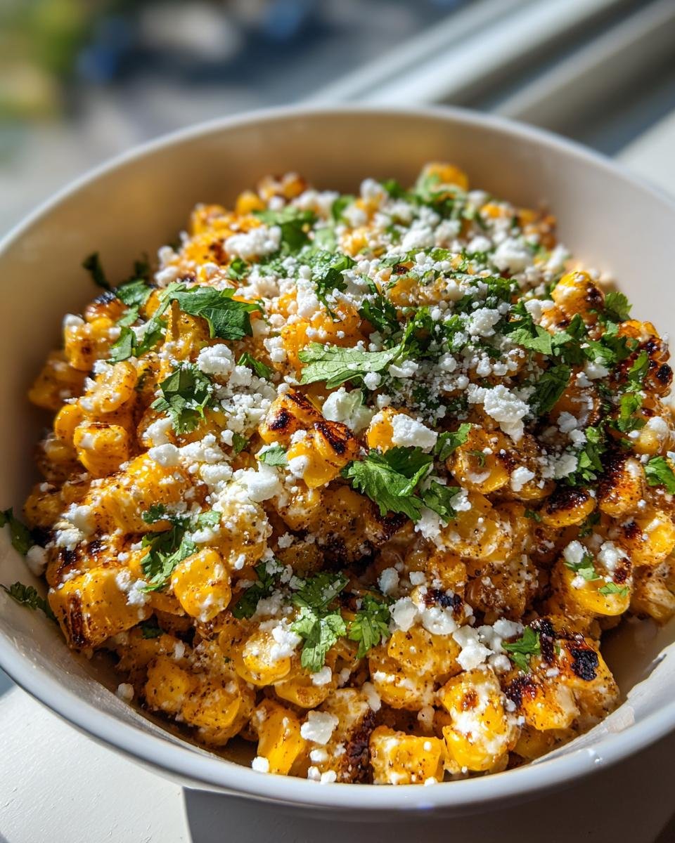 Close-up of Mexican Street Corn Salad featuring charred corn kernels topped with crumbled white cheese and fresh cilantro.