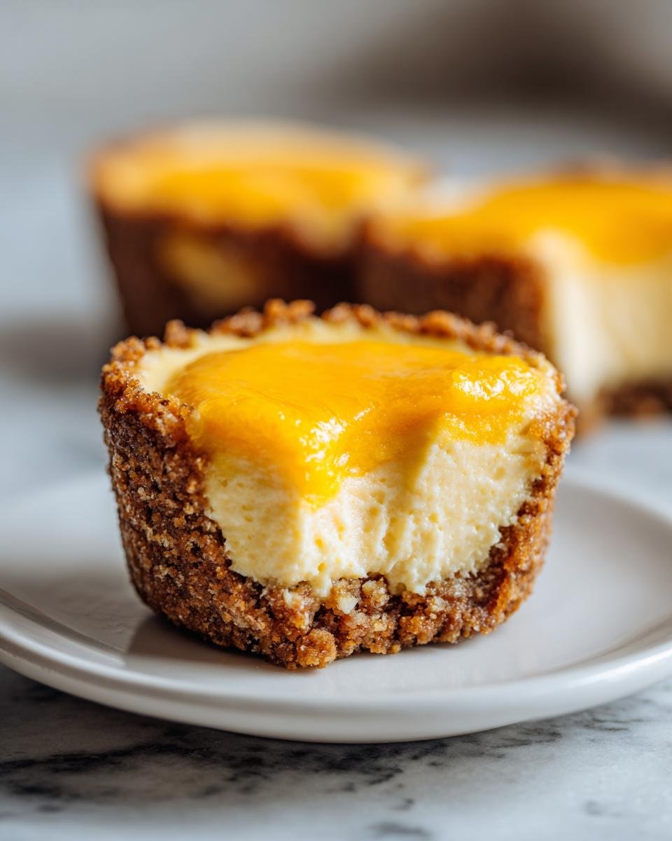Close-up of a Mini Orange Cheesecakes with a bite taken out, showing creamy filling and graham cracker crust.