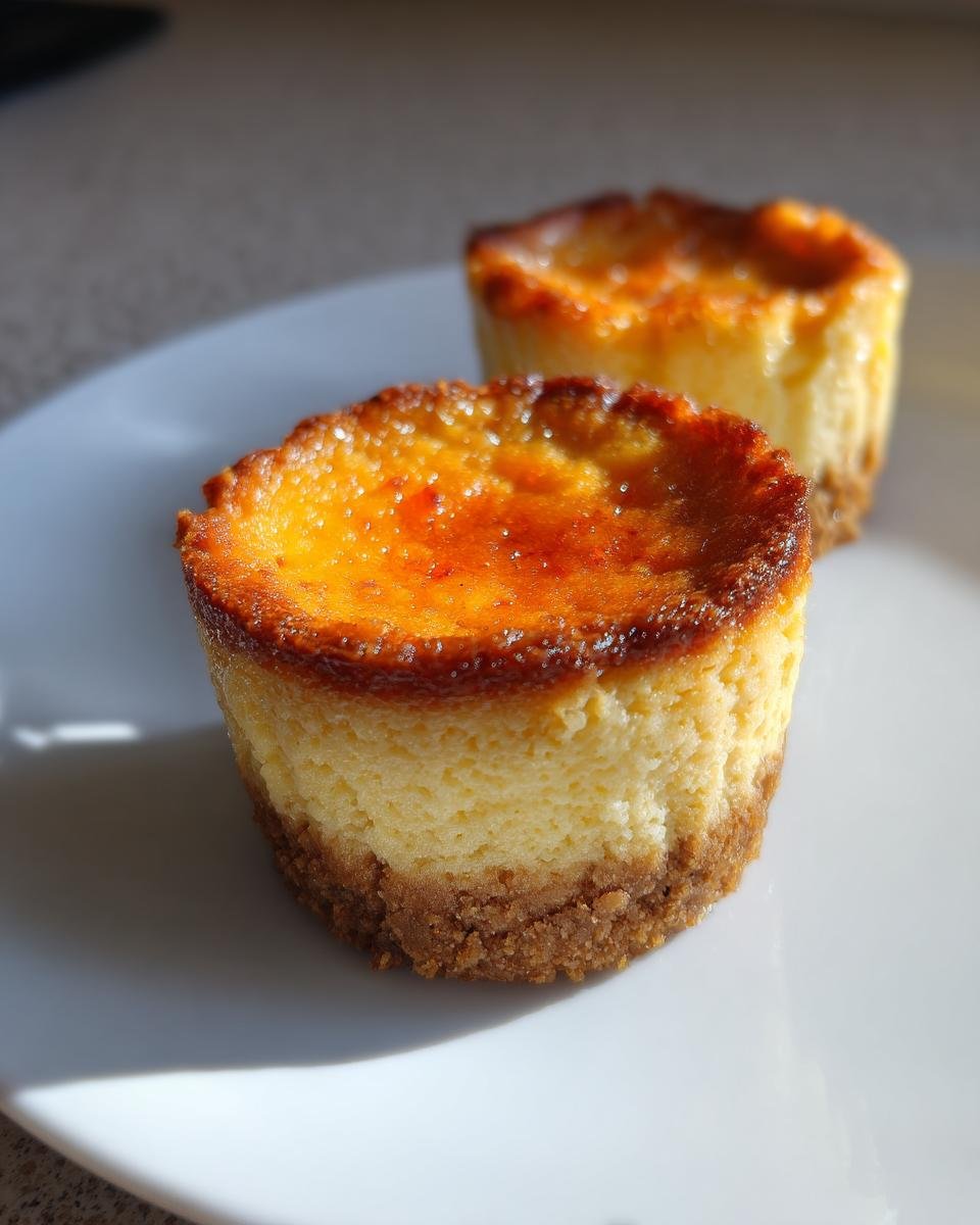 Two perfectly baked Mini Orange Cheesecakes with a rich, caramelized top sitting on a white plate.