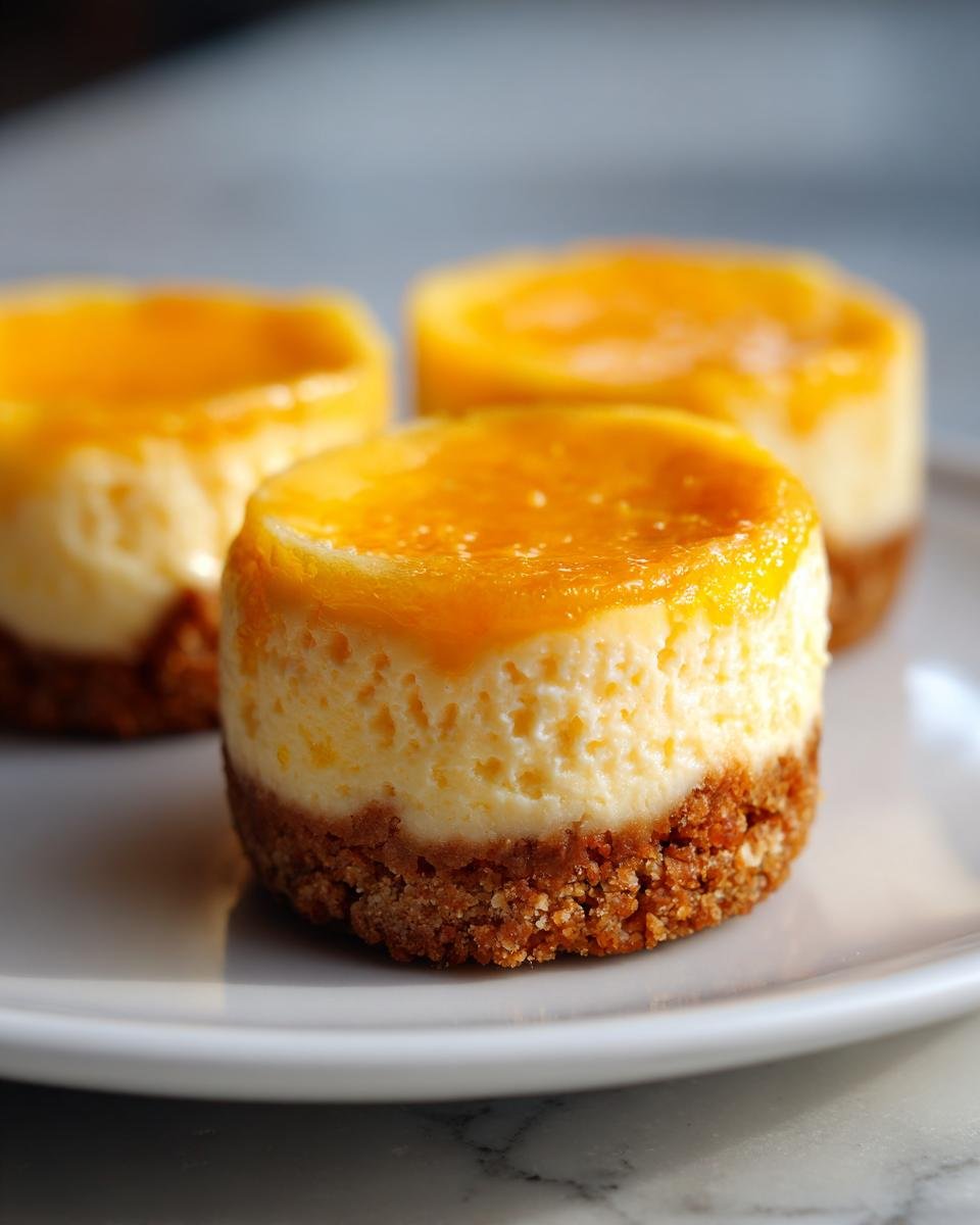 Three perfectly formed Mini Orange Cheesecakes with a bright orange glaze topping resting on a white plate.