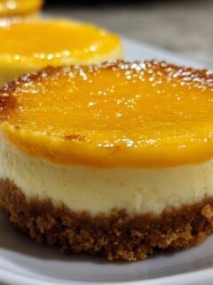 Close-up of a single, perfectly layered Mini Orange Cheesecake with a graham cracker crust, creamy filling, and bright orange topping.