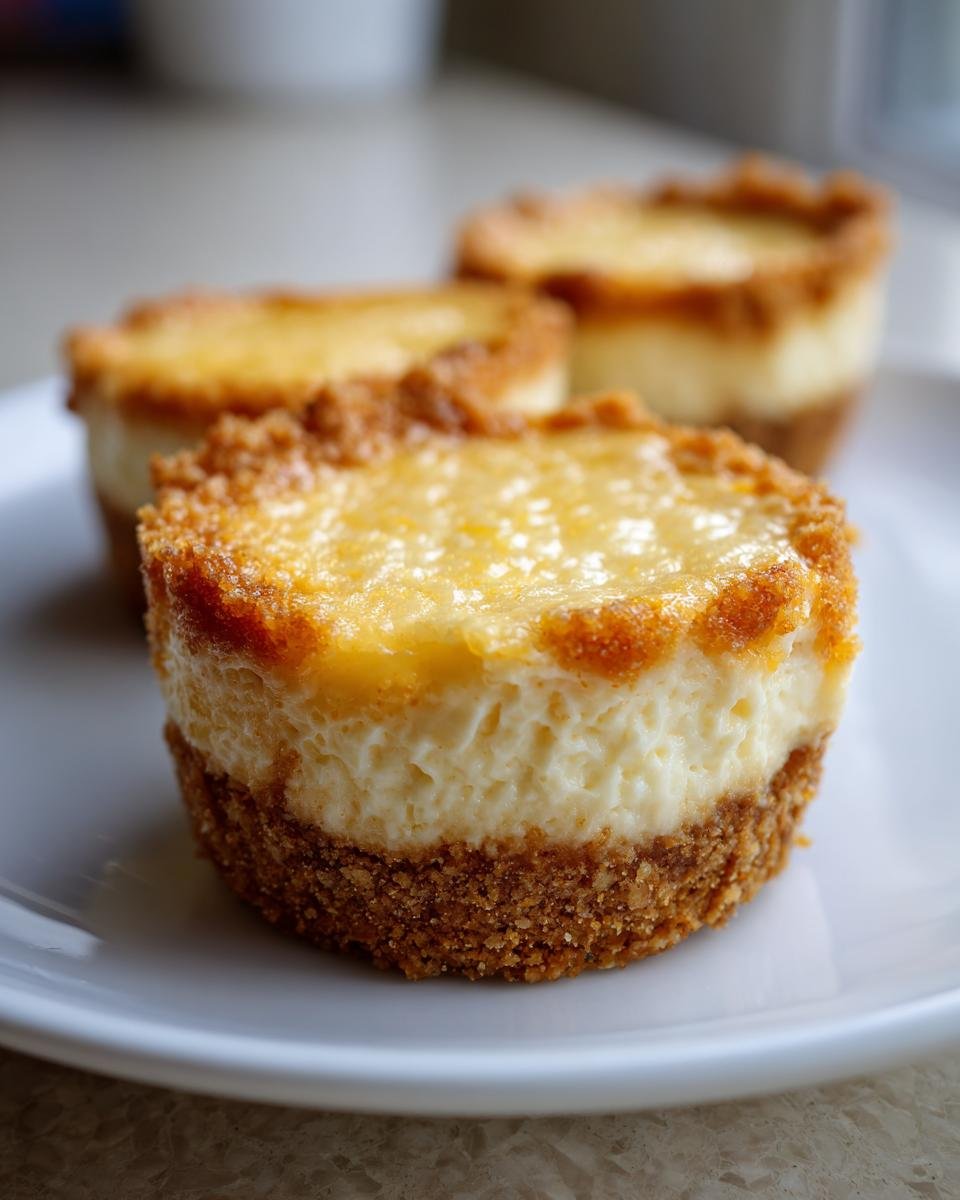 Close-up of one of the Mini Orange Cheesecakes showing the creamy filling and graham cracker crust.