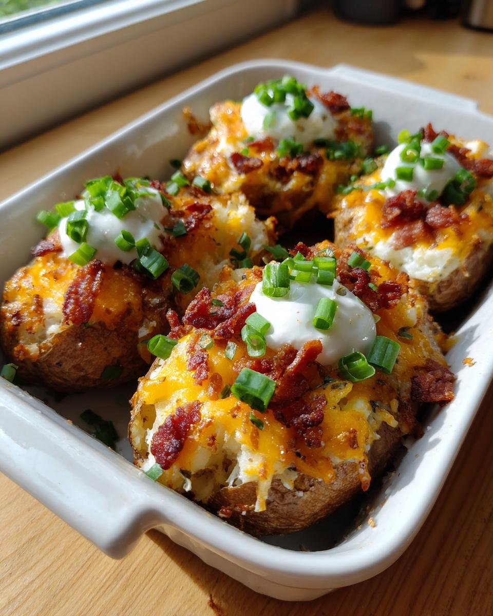 Four loaded Mississippi Mud Potatoes topped with melted cheddar cheese, bacon bits, sour cream, and chives in a white dish.