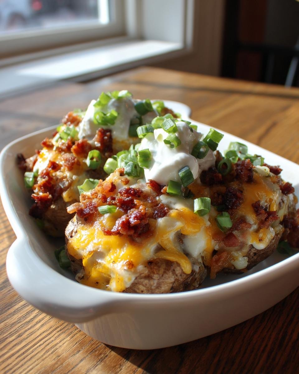 Two loaded Mississippi Mud Potatoes topped with melted cheese, bacon bits, sour cream, and chives.
