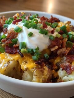 Close-up of loaded Mississippi Mud Potatoes topped with melted cheese, sour cream, bacon bits, and chives.