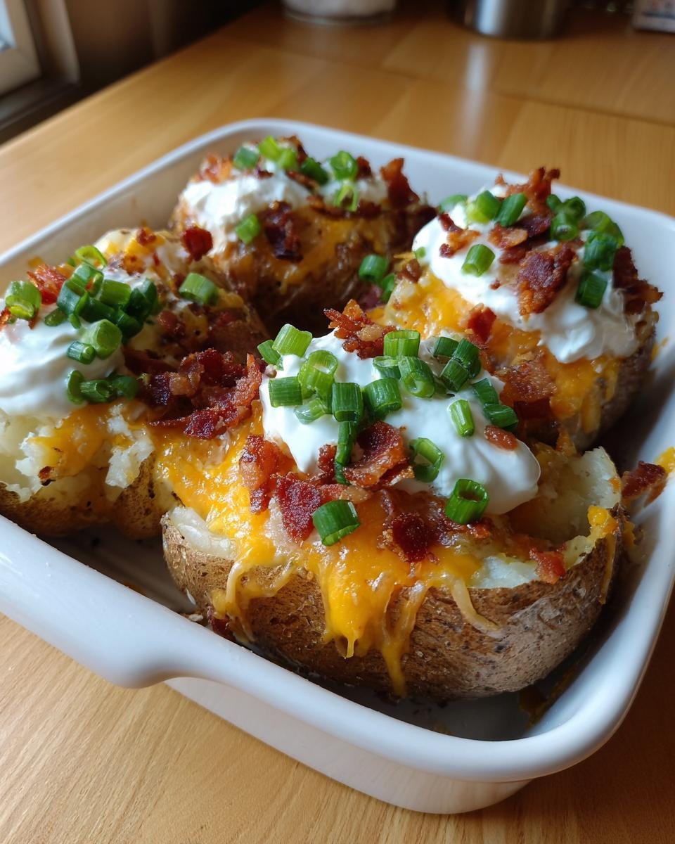 Four loaded baked potatoes, known as Mississippi Mud Potatoes, topped with melted cheese, sour cream, bacon bits, and chives.