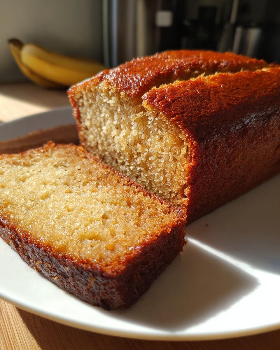 Close-up of a slice cut from a Moist Banana Cake loaf, showing its golden, moist crumb.