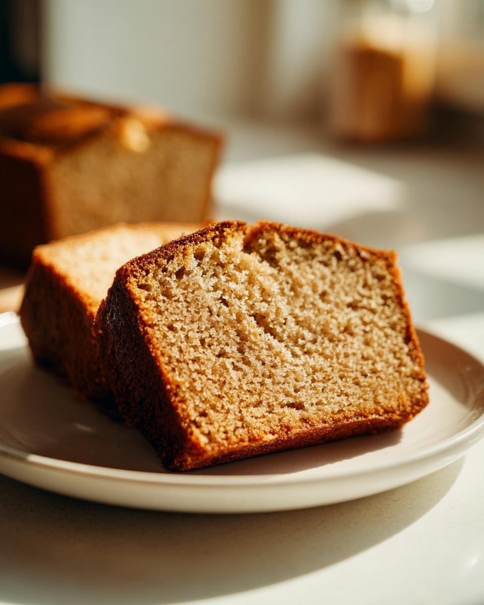 Two thick slices of incredibly Moist Banana Cake showing a tender, brown crumb texture on a white plate.