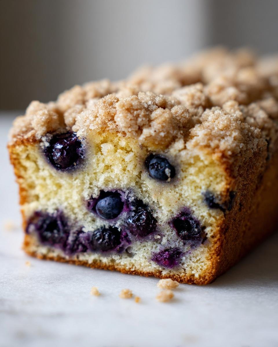 Close-up of a slice of moist Blueberry Coffee Cake showing tender crumb, bursting blueberries, and thick cinnamon streusel topping.