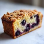 Close-up of a moist slice of Blueberry Coffee Cake showing rich blueberries and a crumbly streusel topping.