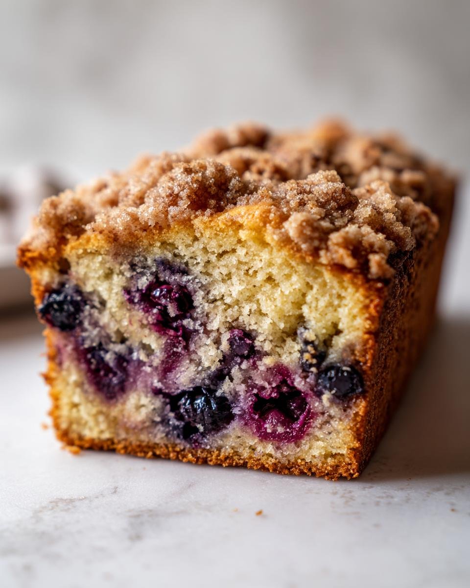 Close-up of a moist slice of Blueberry Coffee Cake showing rich blueberries and a crunchy cinnamon streusel topping.