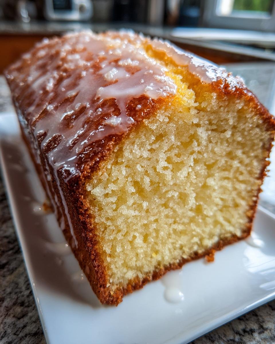 Close-up of a freshly baked Lemon Drizzle Cake loaf with a thick, glossy lemon glaze dripping down the side.