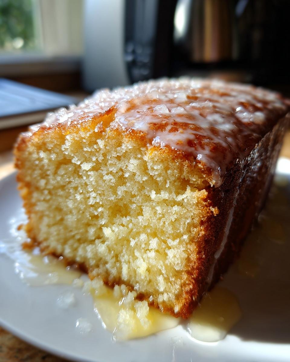 Close-up of a moist slice of Lemon Drizzle Cake topped with a thick, crystallized lemon glaze.