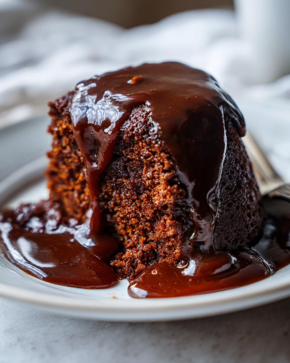 Close-up of a rich, dark Sticky Toffee Pudding covered in glossy toffee sauce on a white plate.