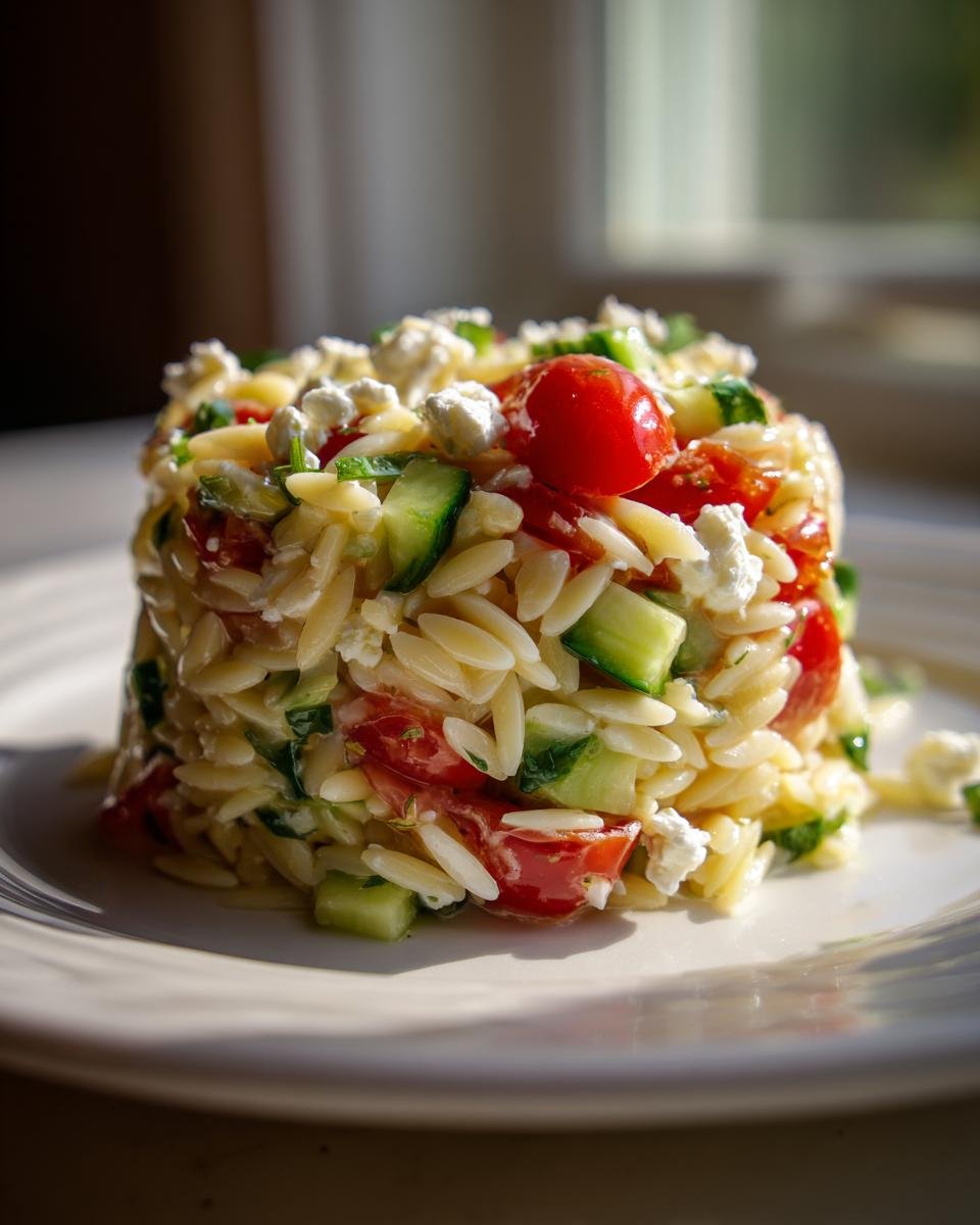 A molded serving of fresh Orzo Pasta Salad featuring orzo, chopped cucumber, cherry tomatoes, and feta cheese.
