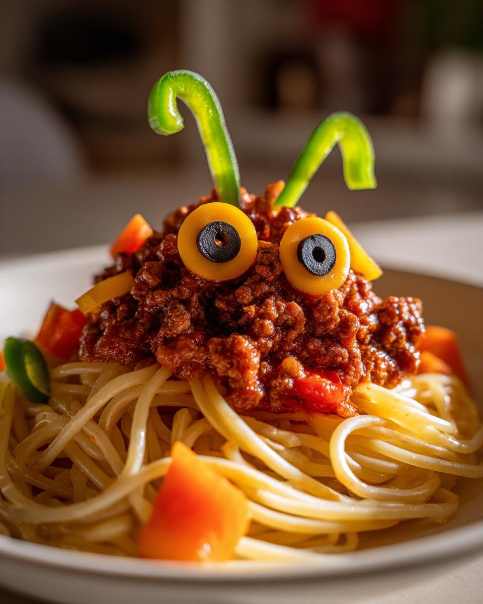 Close-up of a playful bowl of Monster Spaghetti decorated with olive eyes and green pepper antennae.