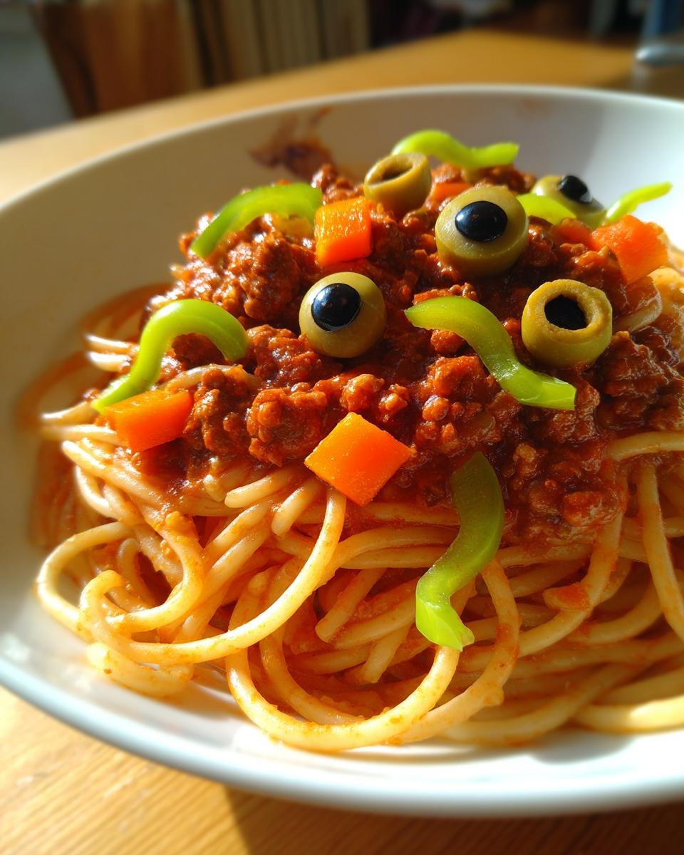 Close-up of a bowl of Monster Spaghetti topped with meat sauce, green pepper strips, carrots, and olive 'eyes'.