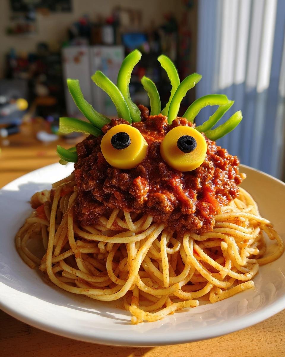 A plate of Monster Spaghetti featuring spaghetti topped with meat sauce, two large olive eyes, and green pepper hair.