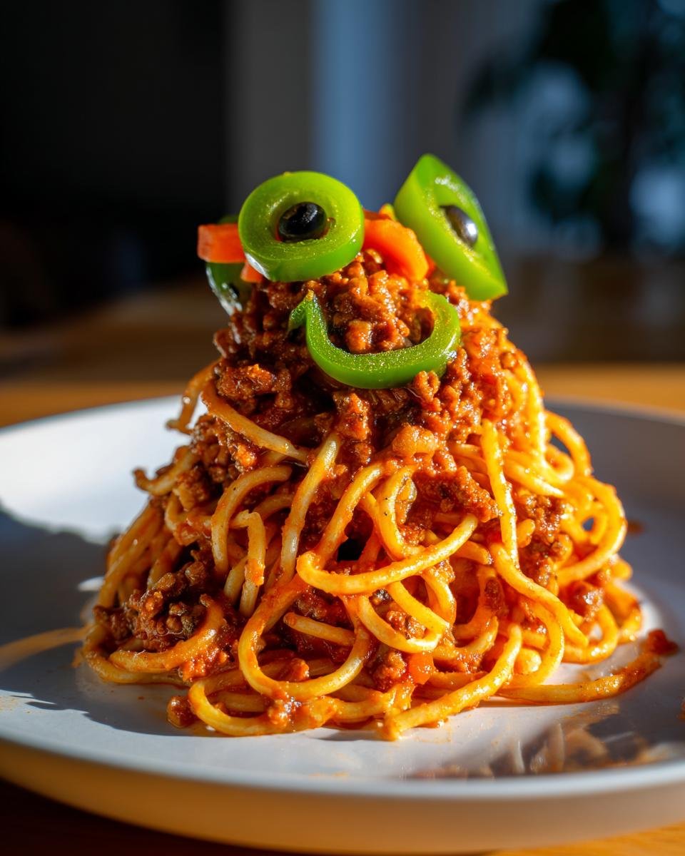 A tall serving of Monster Spaghetti topped with green pepper 'eyes' and meat sauce.