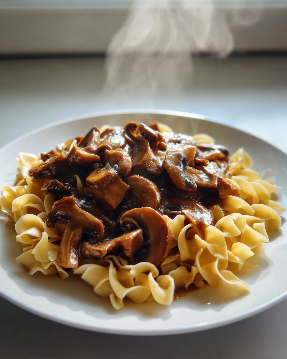 A close-up of hot Mushroom Stroganoff with rich brown sauce and sliced mushrooms served over wide egg noodles.