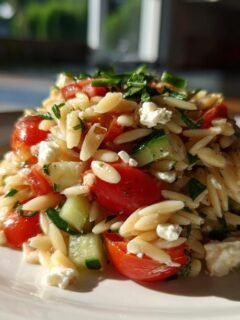 Close-up of a serving of vibrant Orzo Pasta Salad mixed with cherry tomatoes, cucumber, and feta cheese.