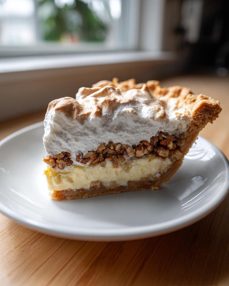 A tall slice of Pecan Cream Pie featuring a crust, creamy filling, pecans, and toasted meringue on a white plate.
