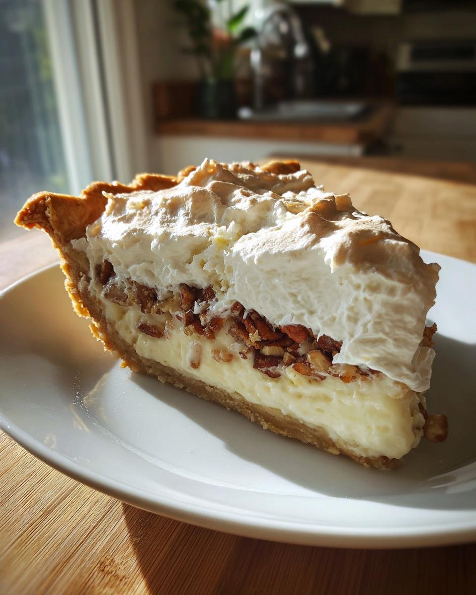 A decadent slice of Pecan Cream Pie featuring a creamy filling, chopped pecans, and a tall, toasted meringue topping.