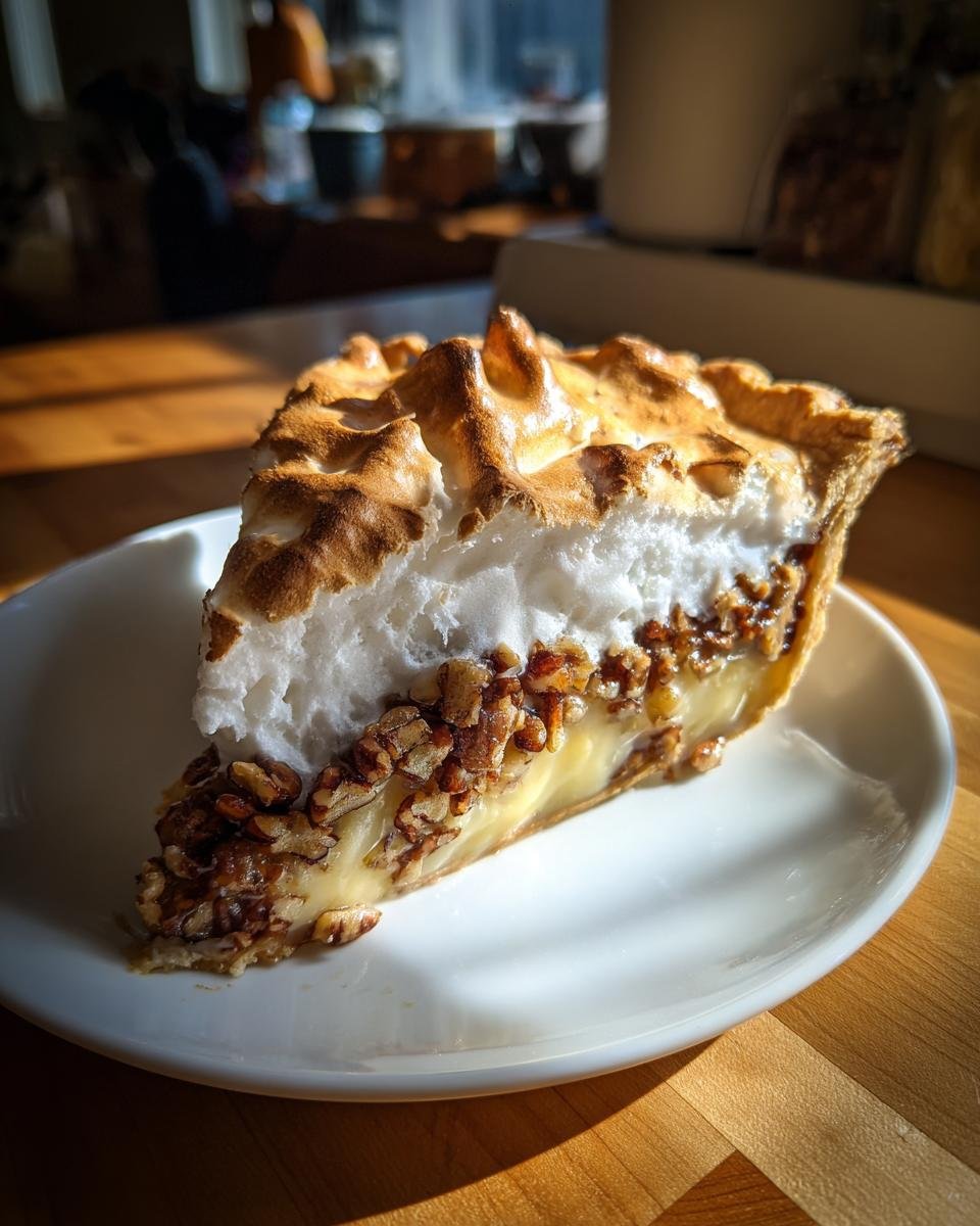 A tall slice of Pecan Cream Pie featuring a creamy filling, toasted pecans, and a fluffy, browned meringue topping.