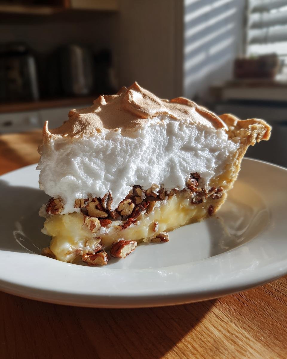 A tall slice of Pecan Cream Pie featuring a creamy filling, chopped pecans, and a toasted meringue topping.