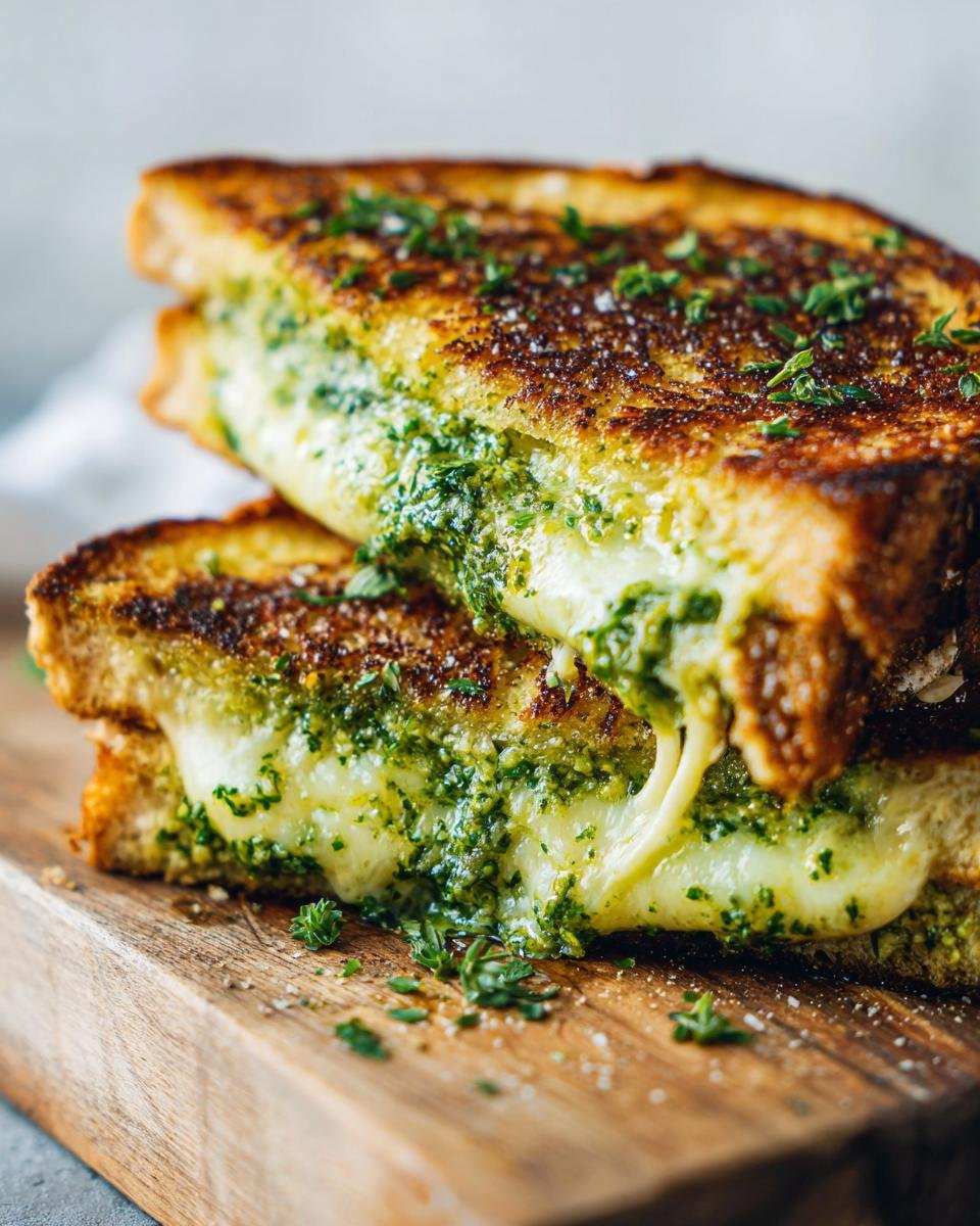 Close-up of a perfectly grilled Pesto Grilled Cheese Sandwich cut in half, showing melted cheese oozing out with vibrant green pesto.