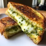Close-up of a Pesto Grilled Cheese Sandwich cut in half, showing melted white cheese and green pesto oozing out.