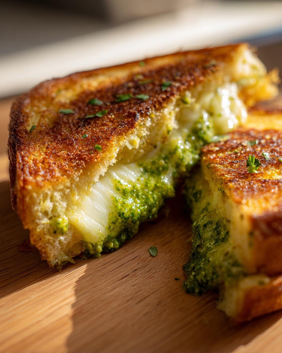Close-up of a golden-brown Pesto Grilled Cheese Sandwich cut open, showing melted white cheese and vibrant green pesto oozing out.