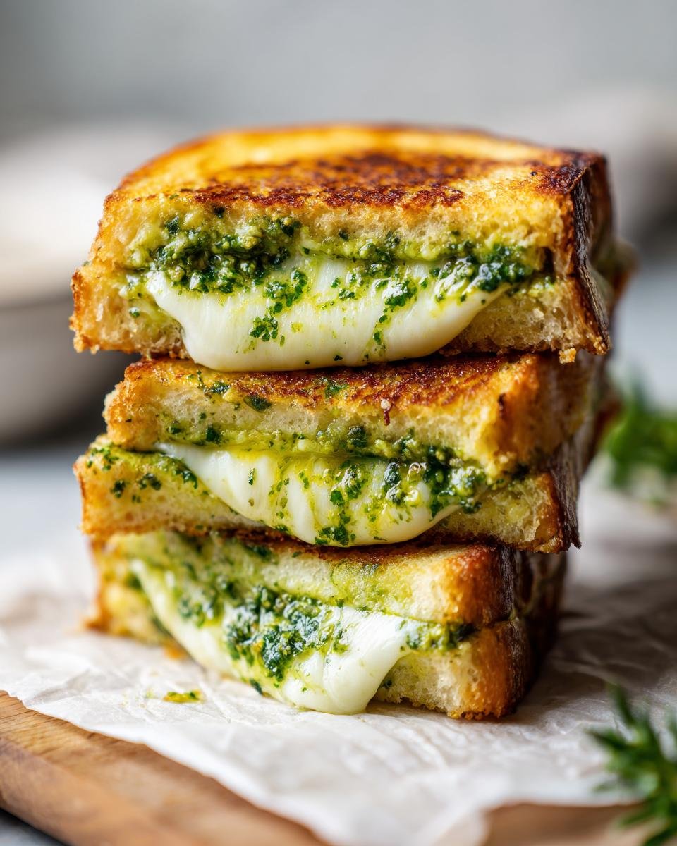 A stack of three halves of a Pesto Grilled Cheese Sandwich showing gooey melted cheese and vibrant green pesto.