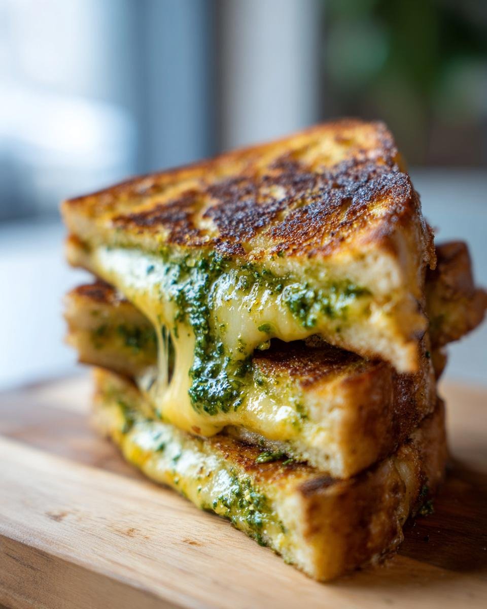 Close-up of a stack of Pesto Grilled Cheese Sandwich halves with melted cheese oozing out.