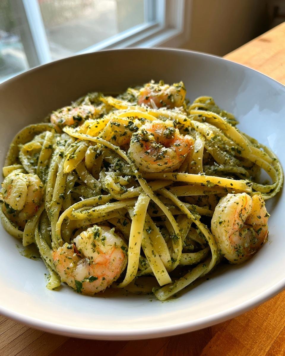 Close-up of a white bowl filled with Pesto Shrimp Pasta, featuring linguine or fettuccine coated in green pesto sauce and topped with cooked shrimp.