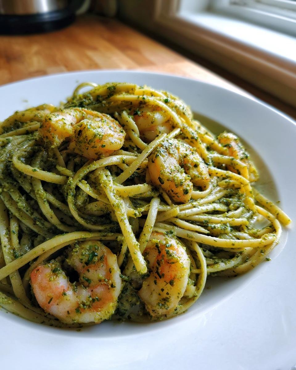 A close-up of linguine coated in vibrant green pesto sauce, topped with seasoned shrimp, ready to eat Pesto Shrimp Pasta.