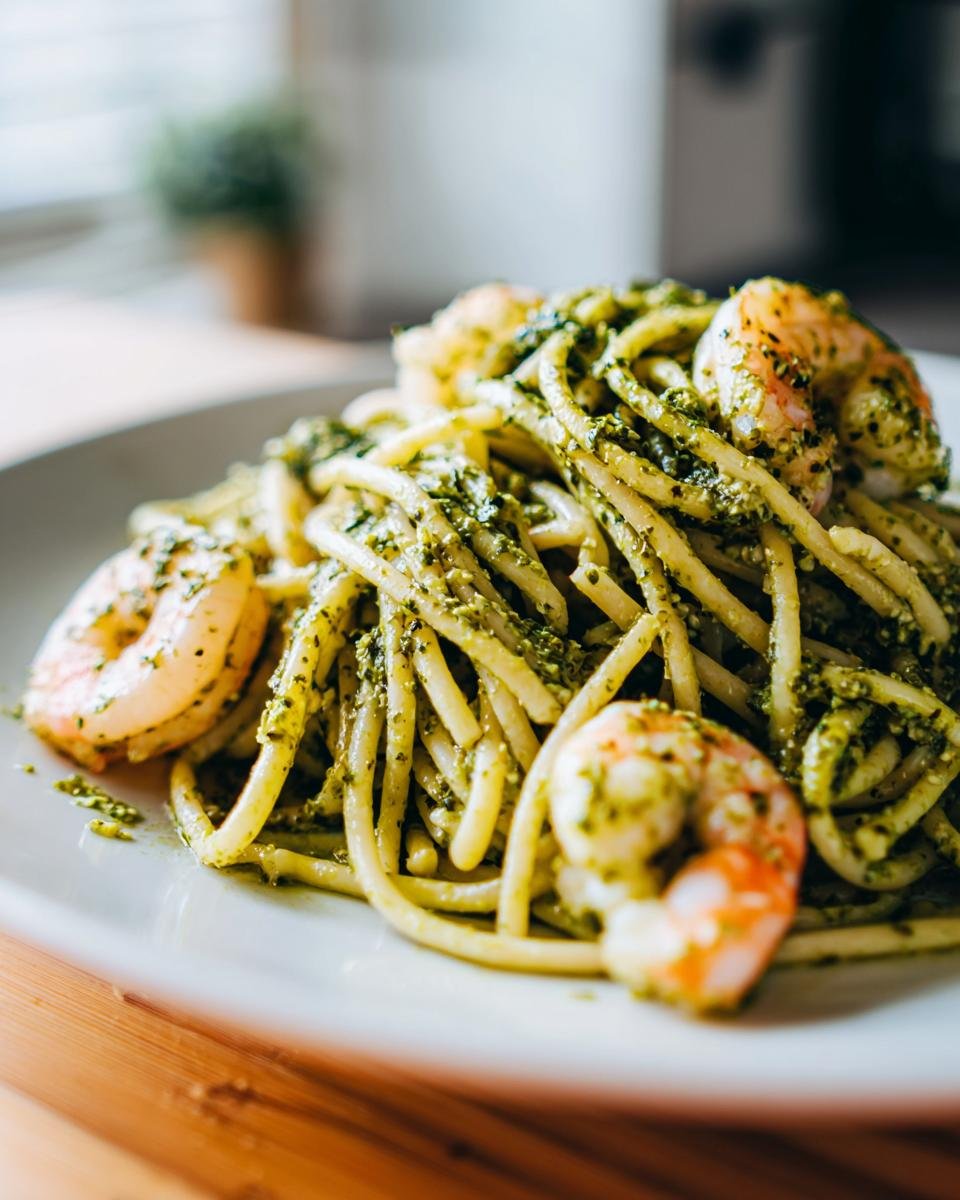 A close-up shot of delicious Pesto Shrimp Pasta featuring thick spaghetti coated in vibrant green pesto and topped with plump, cooked shrimp.