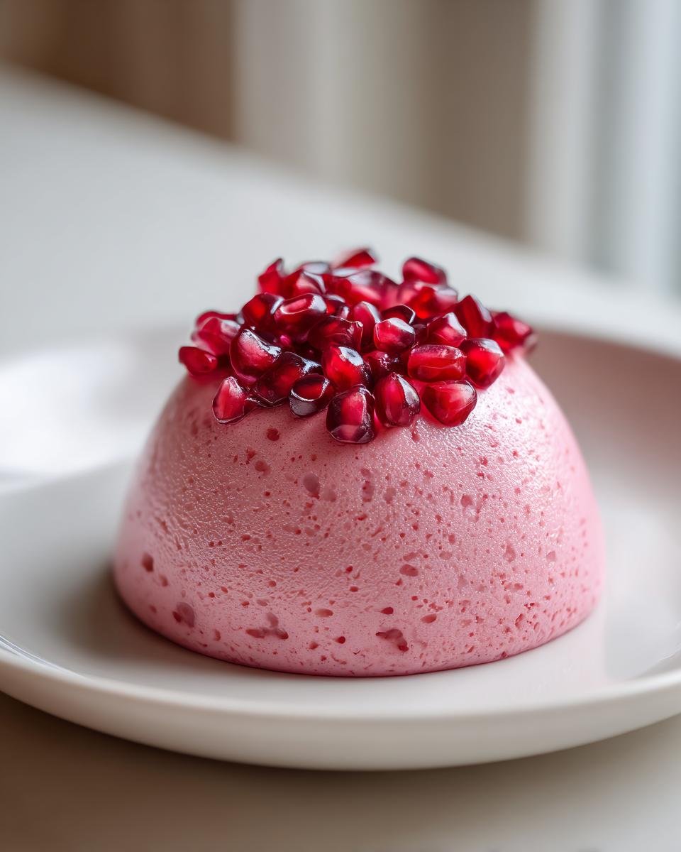 A perfectly molded pink Pomegranate Mousse Dome garnished with fresh, glistening pomegranate seeds on top.