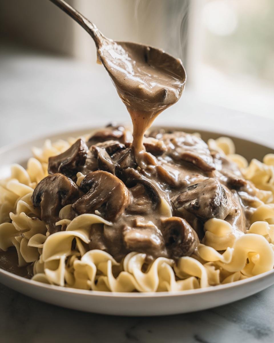 A spoonful of hot, creamy Mushroom Stroganoff sauce with sliced mushrooms is being poured over a bed of egg noodles.