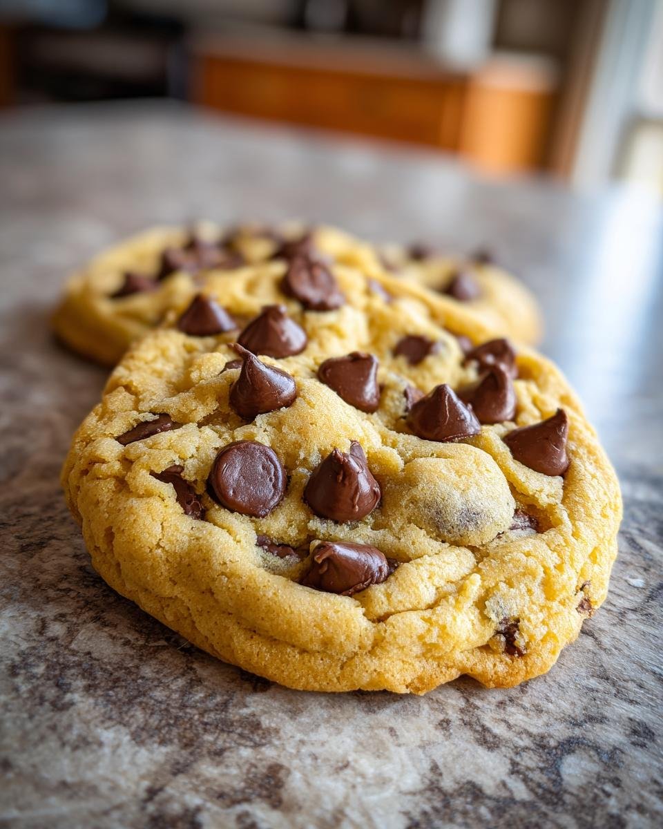 Close-up of a soft, golden Pumpkin Chocolate Chip Cookie loaded with milk chocolate chips.