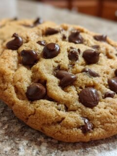 Close-up of a freshly baked Pumpkin Chocolate Chip Cookie loaded with melted chocolate chips.