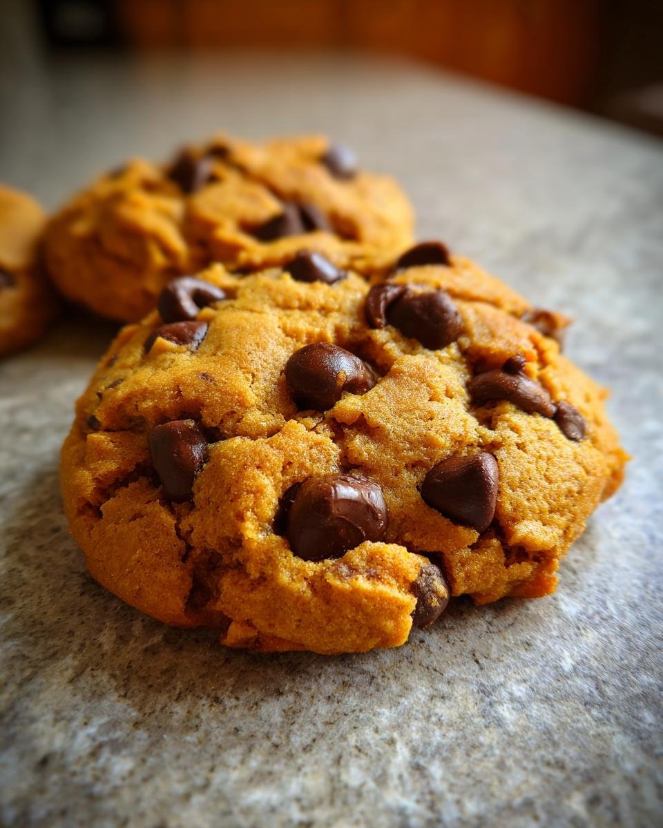 A close-up, soft-focus shot of a freshly baked Pumpkin Chocolate Chip Cookie loaded with melted chocolate chips.