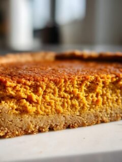 A close-up, side view of a thick slice of rich orange Pumpkin Cookie Pie showing the dense filling and cookie crust.