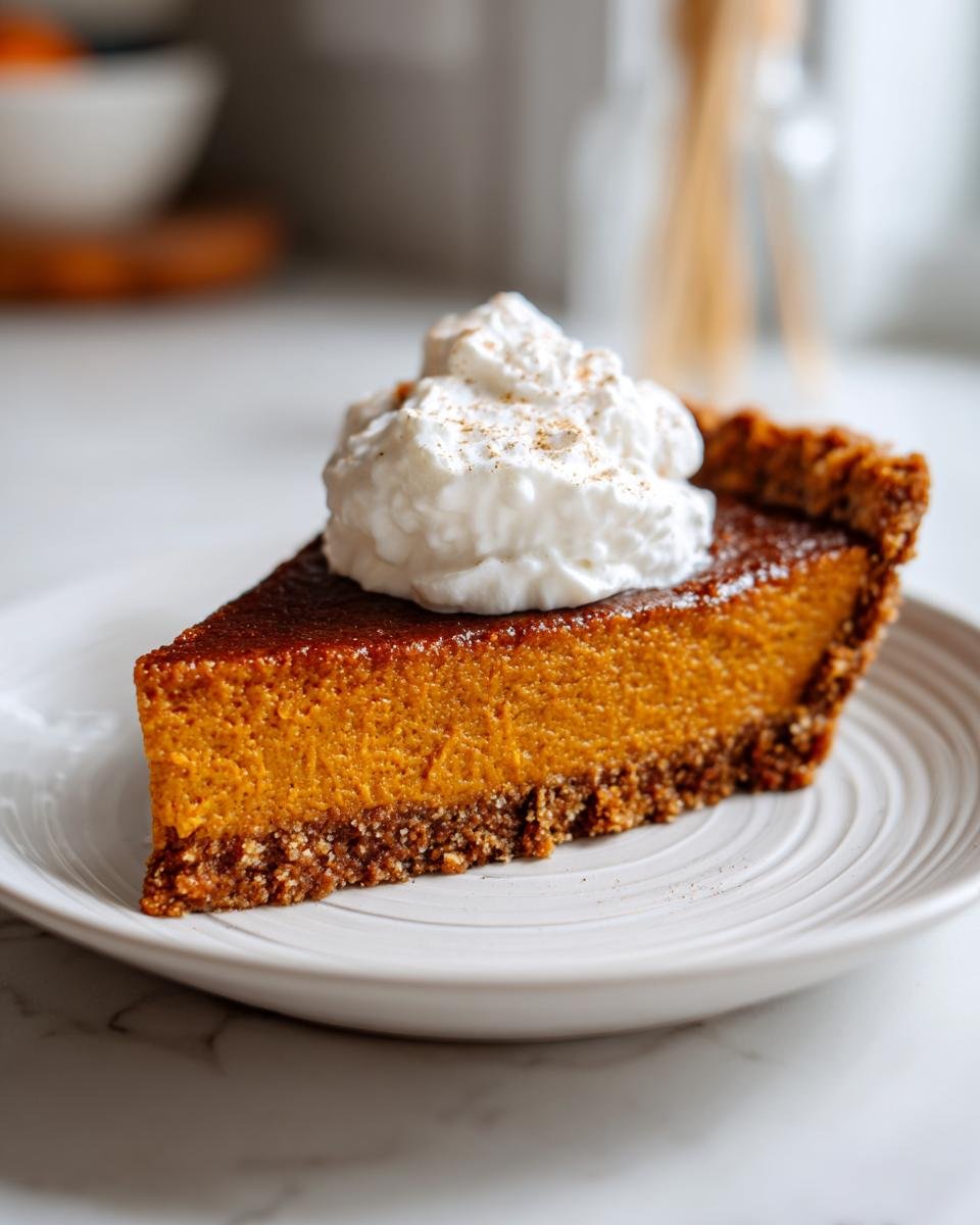 A perfect slice of rich orange Pumpkin Cookie Pie topped with a dollop of whipped cream and cinnamon.