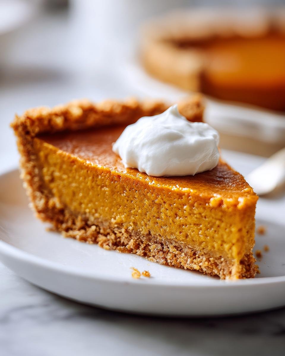 A close-up of a thick slice of Pumpkin Cookie Pie with a graham cracker crust, topped with a dollop of whipped cream.