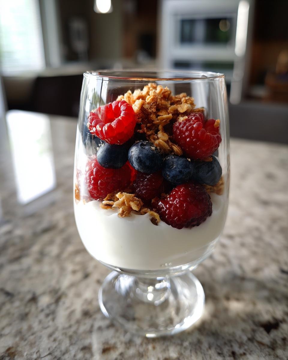 Close-up of fresh Yogurt Parfaits layered with yogurt, granola, raspberries, and blueberries.