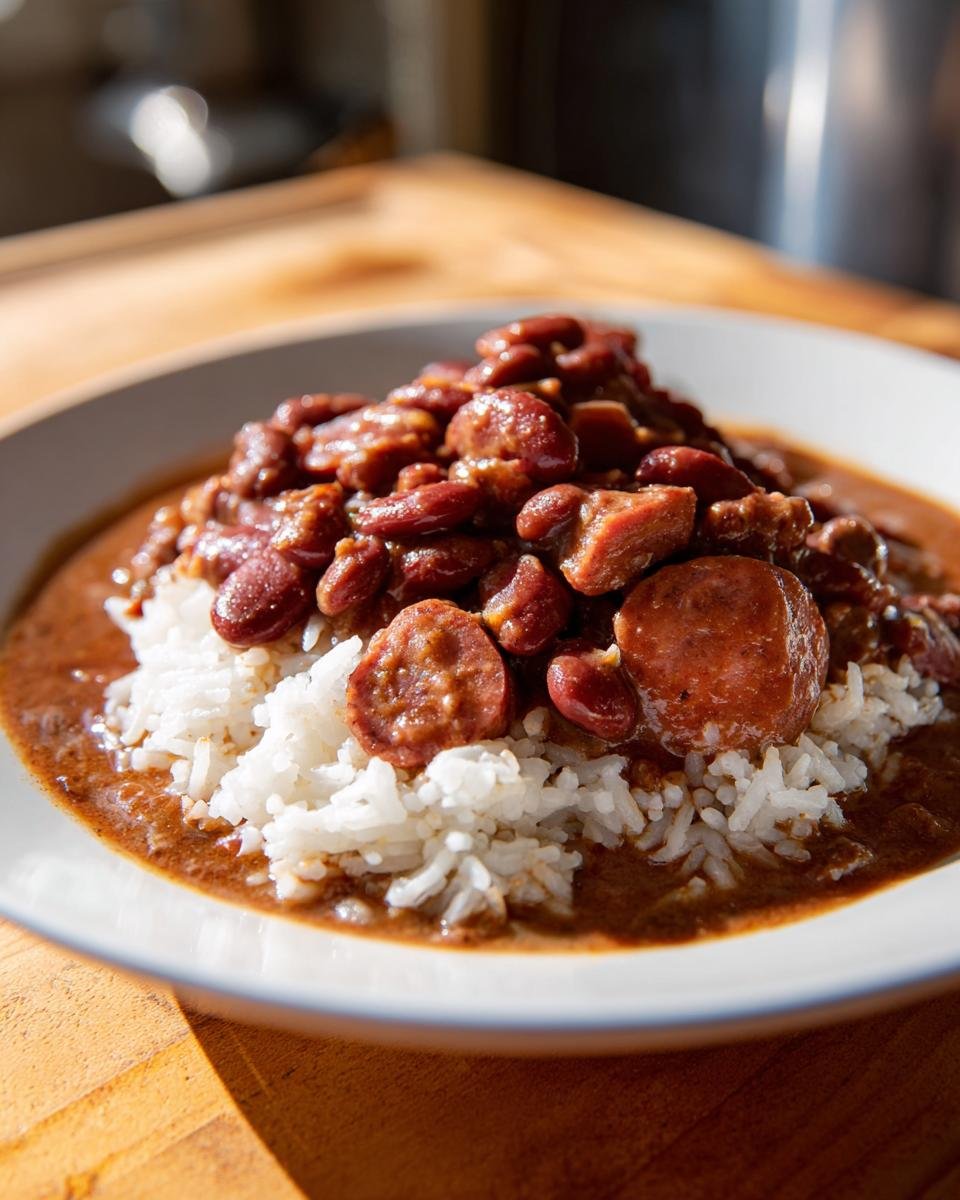 A close-up of a bowl of Red Beans And Rice topped with sliced sausage, served over white rice.