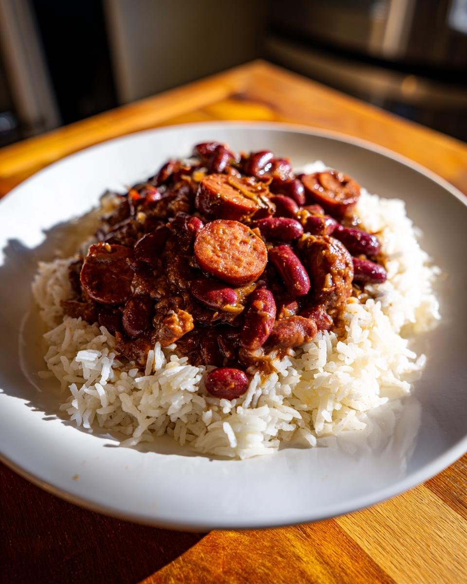 A close-up of a white plate filled with fluffy white rice topped generously with rich, dark Red Beans And Rice and sliced andouille sausage.