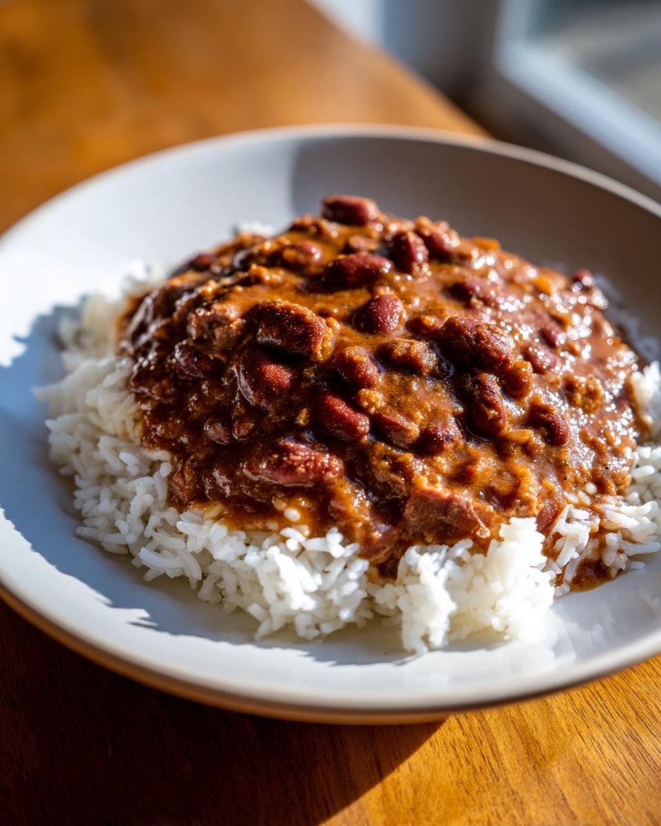 A close-up of a serving of rich, savory Red Beans And Rice piled high on white rice in a light-colored bowl.
